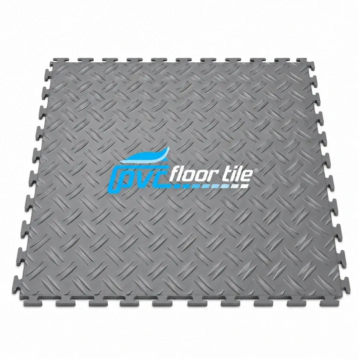 Grey DiamondGrip interlocking PVC floor tile 500 × 500 × 5 mm with diamond plate surface