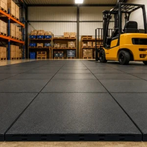 Heavy-duty black interlocking industrial floor tiles in warehouse with forklift
