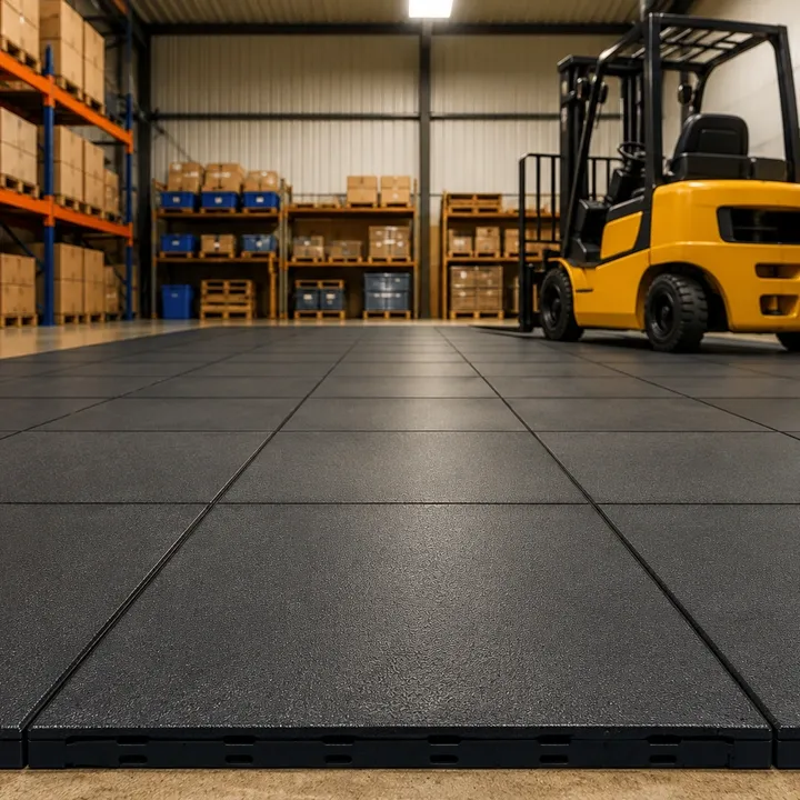 Heavy-duty black interlocking industrial floor tiles in warehouse with forklift