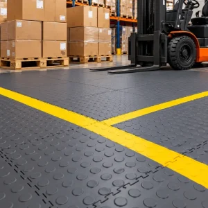 Dark grey interlocking PVC warehouse floor tiles with yellow safety lines and forklift