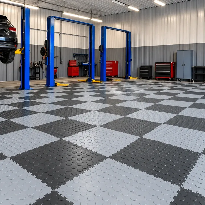 ack and light grey interlocking PVC workshop floor tiles with raised coin surface