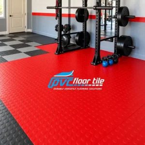 Red patterned indoor PVC floor tiles 500-×-500 mm in gym area
