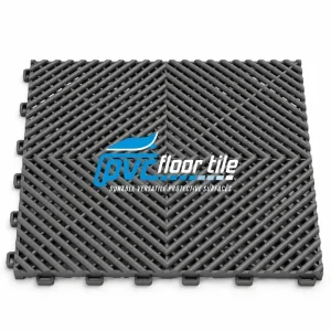 Dark grey vehicle drainage tile 395×395mm with vented interlocking surface.