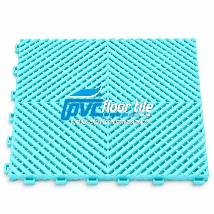 Turquoise breathable surface tile 395×395×18.1mm with interlocking open-grid design.